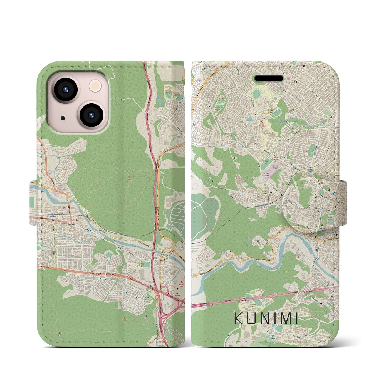 【国見】地図柄iPhoneケース（手帳両面タイプ・ナチュラル）iPhone 13 mini 用