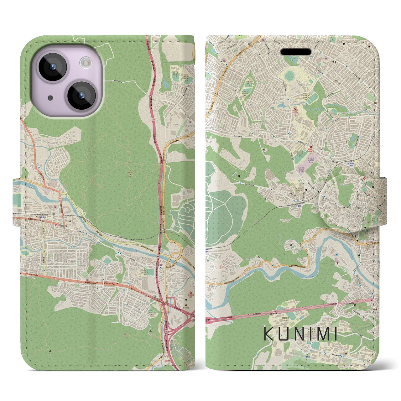 【国見】地図柄iPhoneケース（手帳両面タイプ・ナチュラル）iPhone 14 用