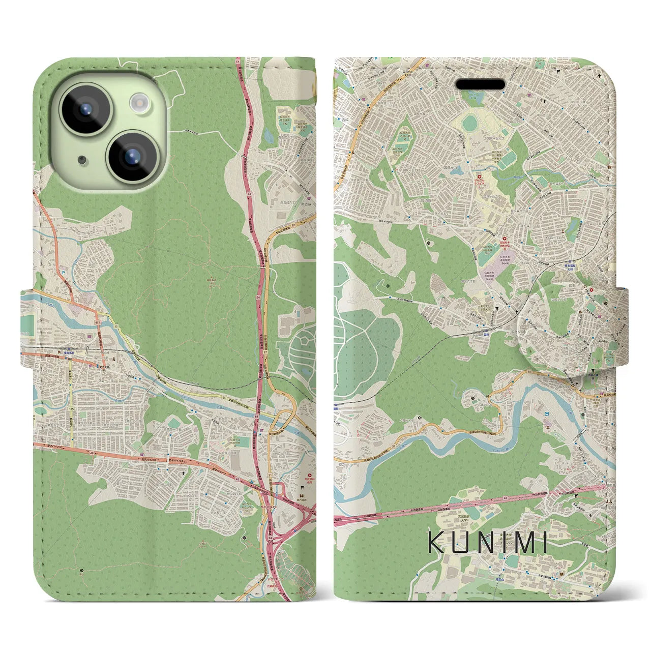 【国見】地図柄iPhoneケース（手帳両面タイプ・ナチュラル）iPhone 15 用