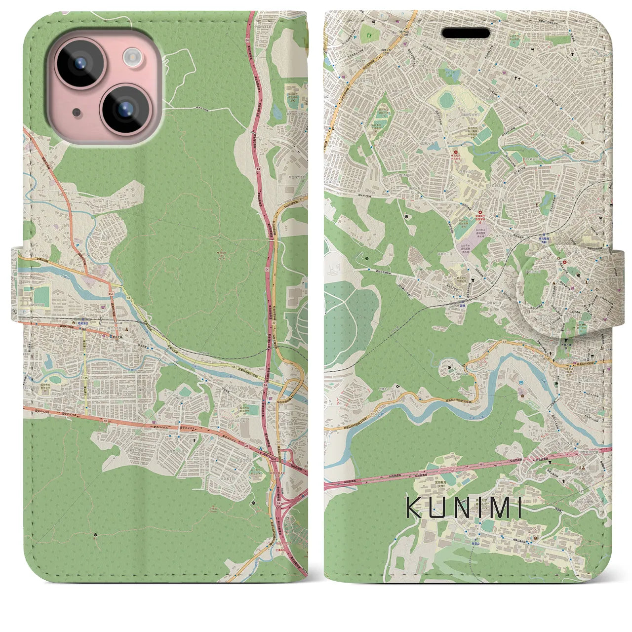 【国見】地図柄iPhoneケース（手帳両面タイプ・ナチュラル）iPhone 15 Plus 用