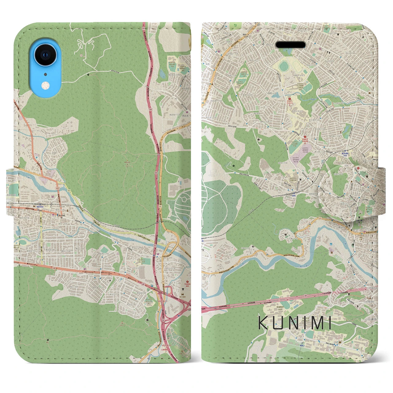 【国見】地図柄iPhoneケース（手帳両面タイプ・ナチュラル）iPhone XR 用