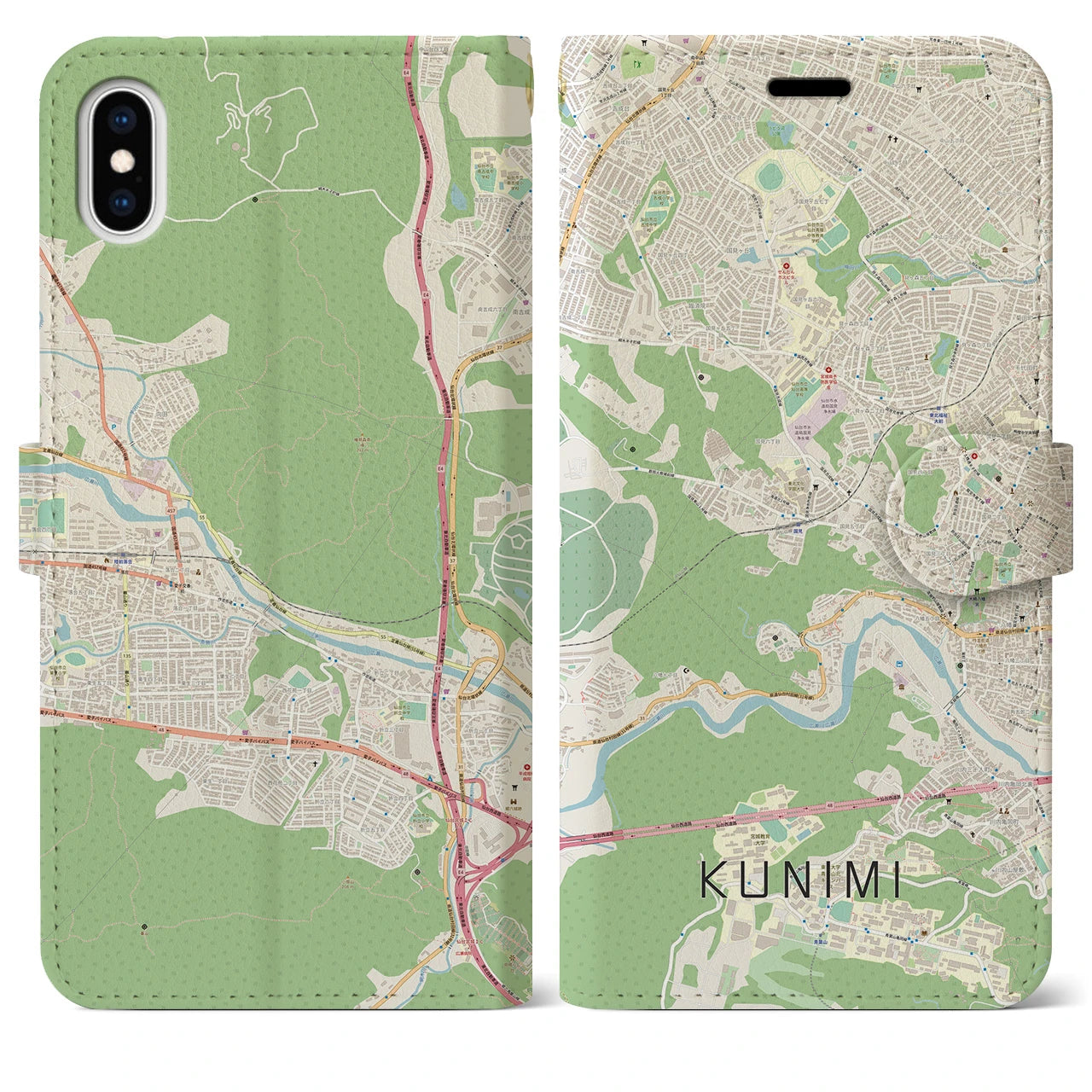 【国見】地図柄iPhoneケース（手帳両面タイプ・ナチュラル）iPhone XS Max 用