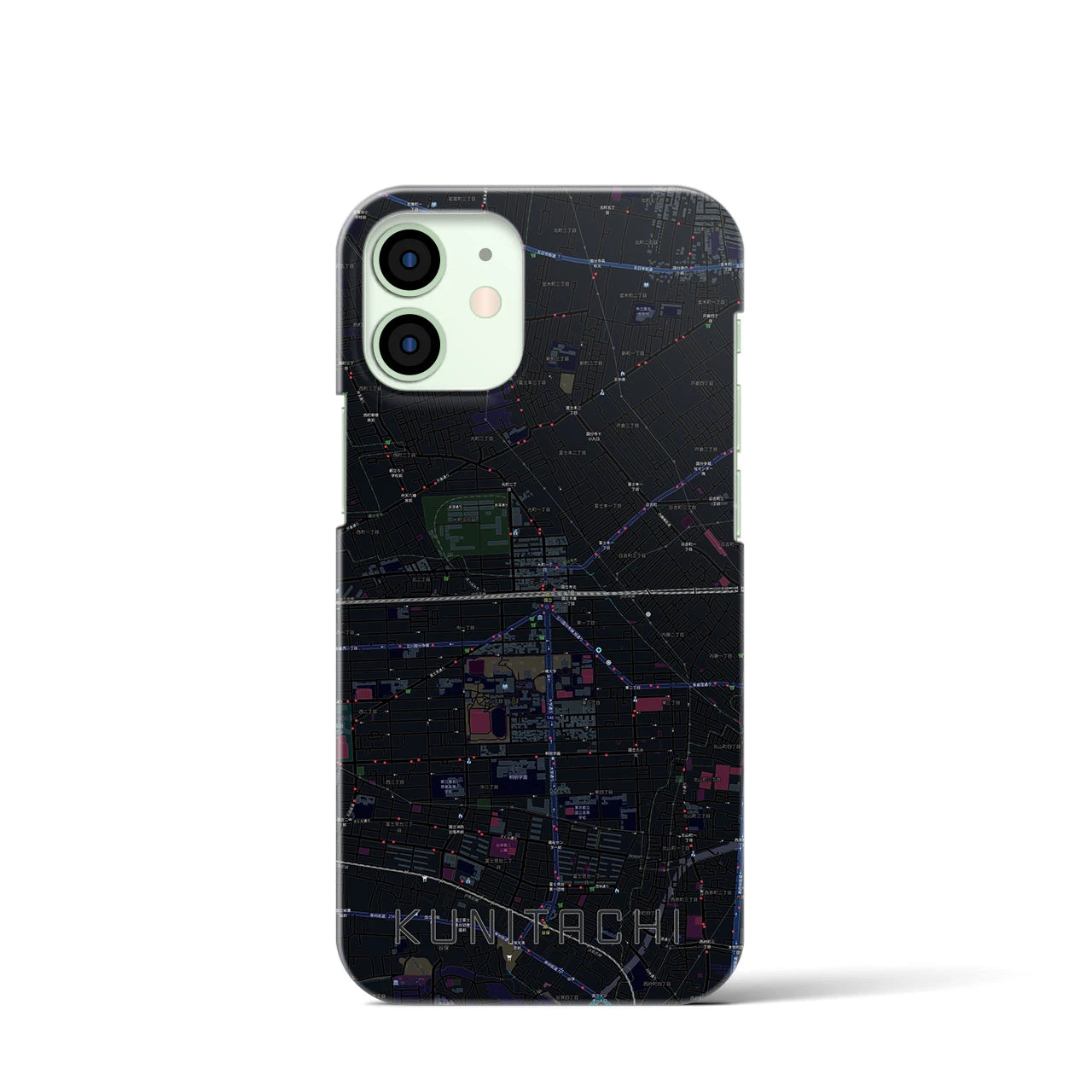 【国立2】地図柄iPhoneケース（バックカバータイプ・ブラック）iPhone 12 mini 用