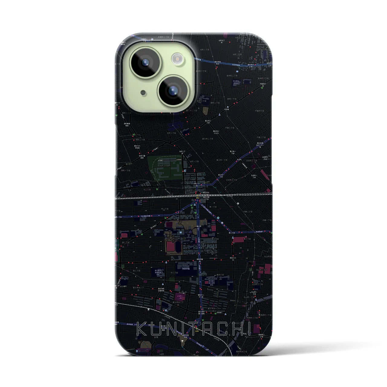 【国立2】地図柄iPhoneケース（バックカバータイプ・ブラック）iPhone 15 用