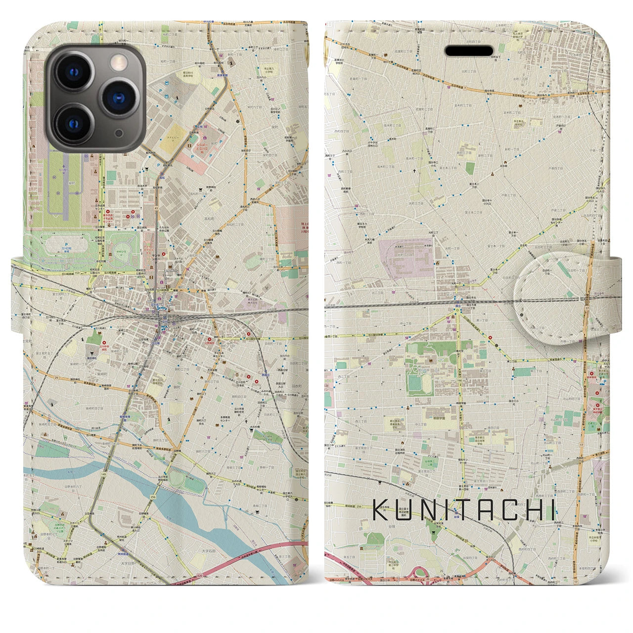 【国立2】地図柄iPhoneケース（手帳両面タイプ・ナチュラル）iPhone 11 Pro Max 用