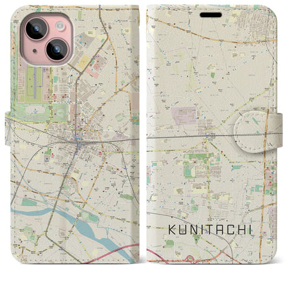 【国立2（東京都）】地図柄iPhoneケース（手帳タイプ）ナチュラル・iPhone 15 Plus 用