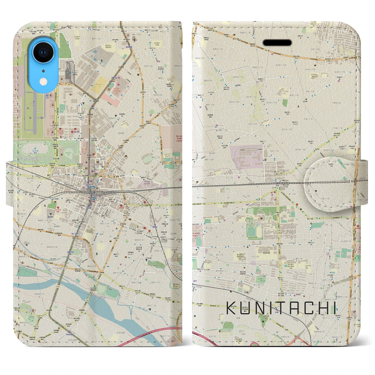 【国立2】地図柄iPhoneケース（手帳両面タイプ・ナチュラル）iPhone XR 用