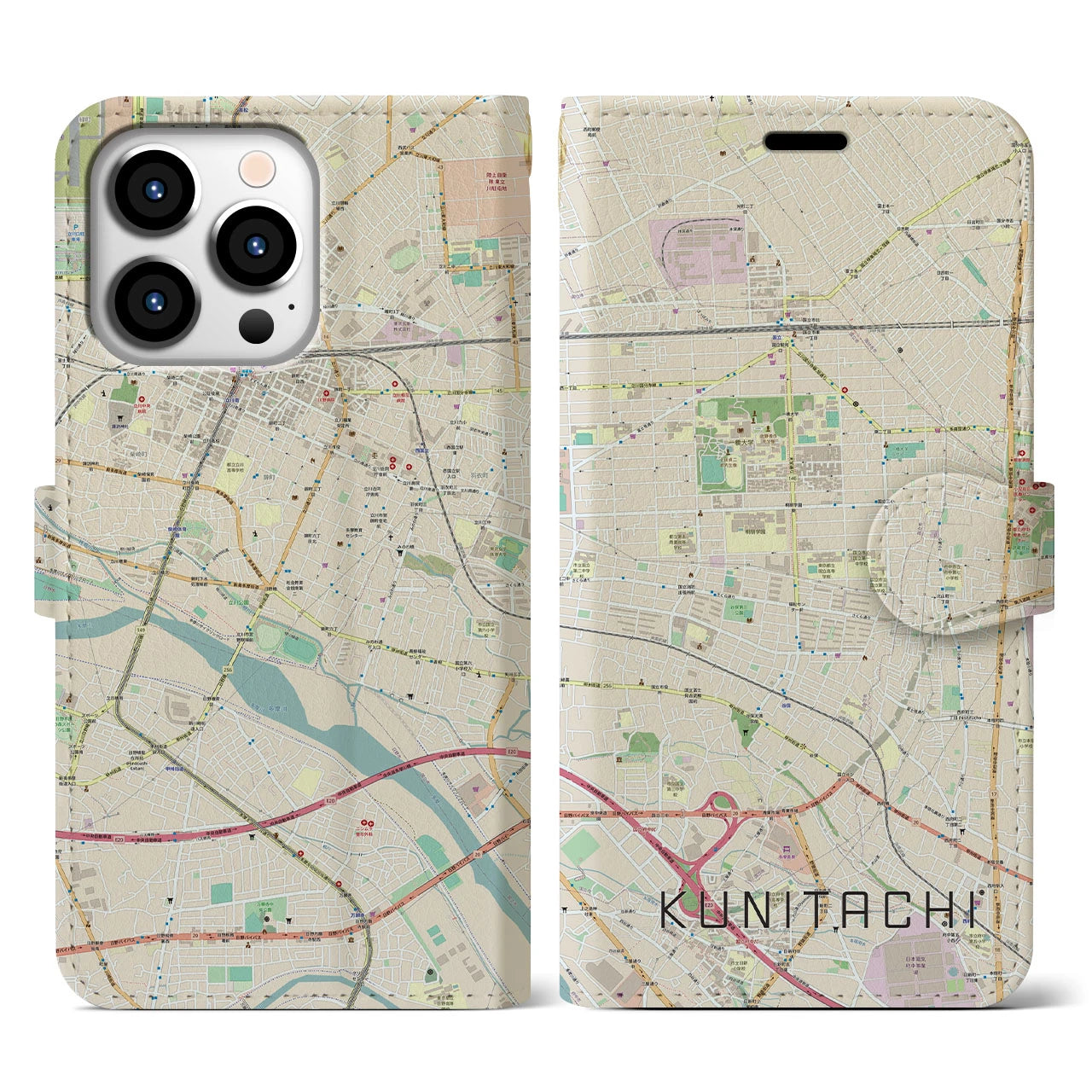 【国立】地図柄iPhoneケース（手帳両面タイプ・ナチュラル）iPhone 13 Pro 用