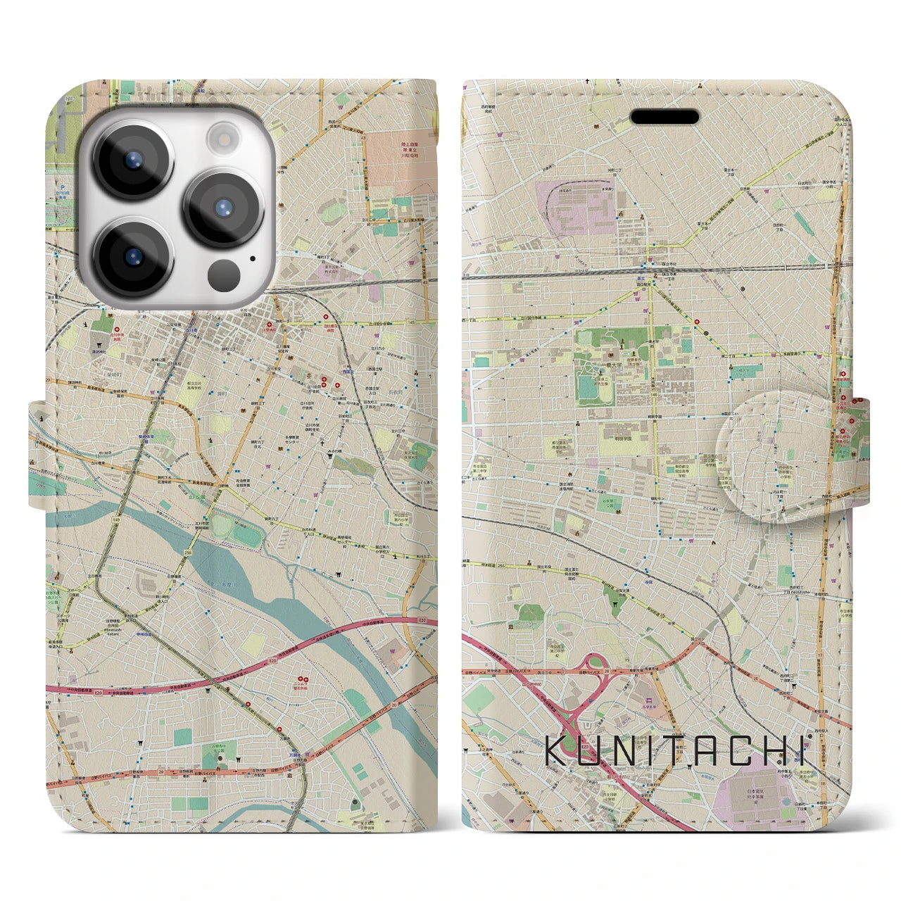 【国立】地図柄iPhoneケース（手帳両面タイプ・ナチュラル）iPhone 14 Pro 用