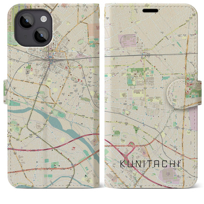 【国立（東京都）】地図柄iPhoneケース（手帳タイプ）ナチュラル・iPhone 14 Plus 用