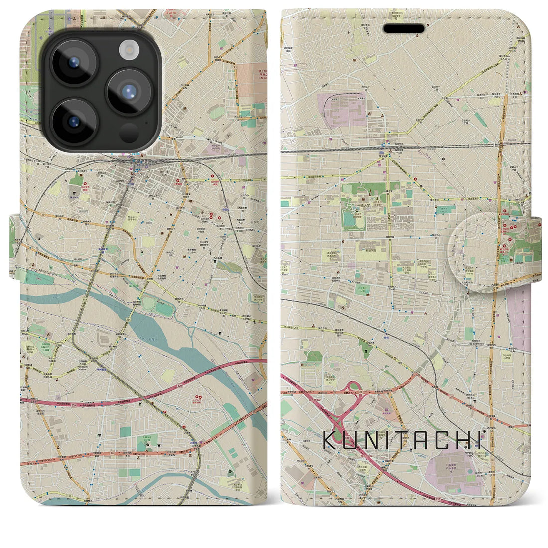 【国立】地図柄iPhoneケース（手帳両面タイプ・ナチュラル）iPhone 15 Pro Max 用