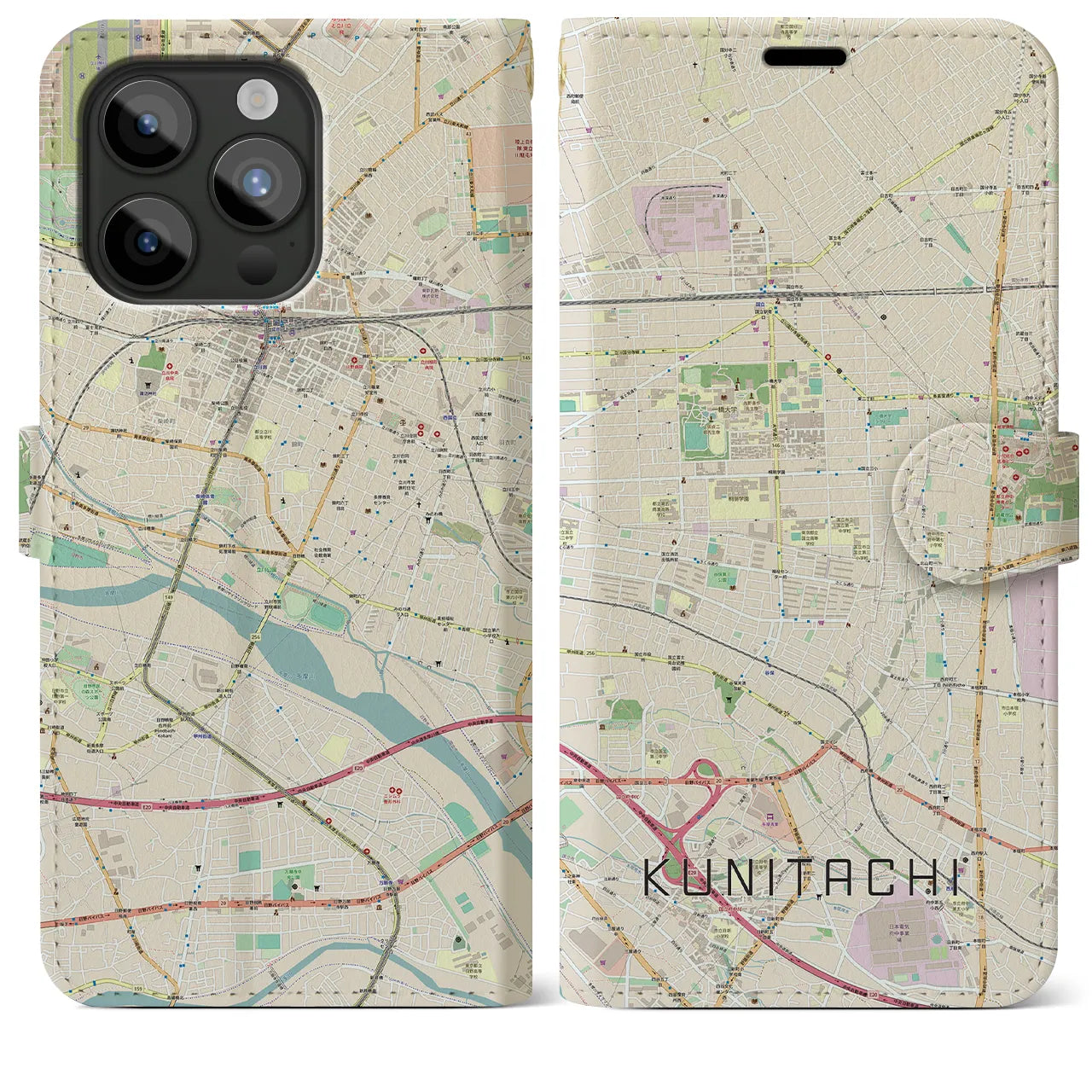 【国立】地図柄iPhoneケース（手帳両面タイプ・ナチュラル）iPhone 15 Pro Max 用