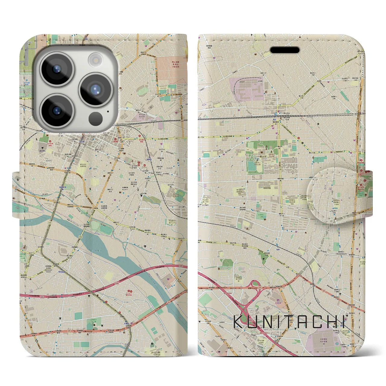 【国立】地図柄iPhoneケース（手帳両面タイプ・ナチュラル）iPhone 15 Pro 用