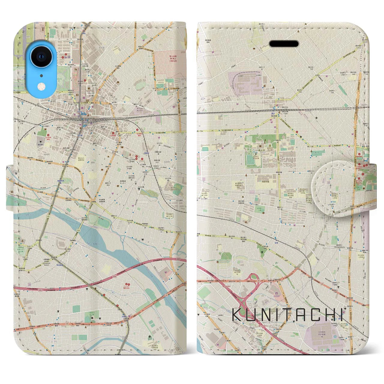 【国立】地図柄iPhoneケース（手帳両面タイプ・ナチュラル）iPhone XR 用