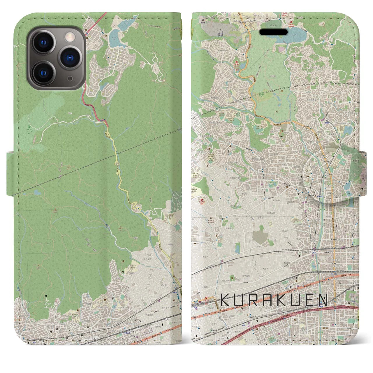 【苦楽園】地図柄iPhoneケース（手帳両面タイプ・ナチュラル）iPhone 11 Pro Max 用
