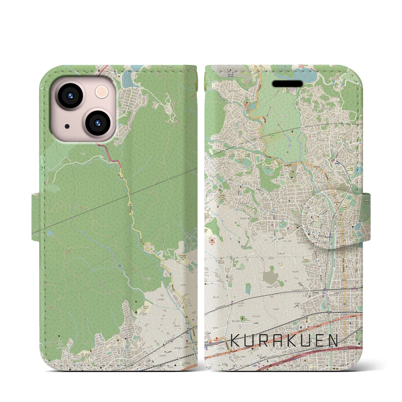 【苦楽園】地図柄iPhoneケース（手帳両面タイプ・ナチュラル）iPhone 13 mini 用