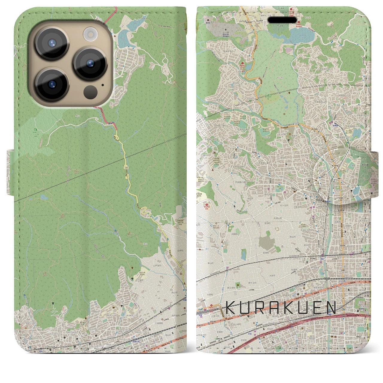 【苦楽園】地図柄iPhoneケース（手帳両面タイプ・ナチュラル）iPhone 14 Pro Max 用
