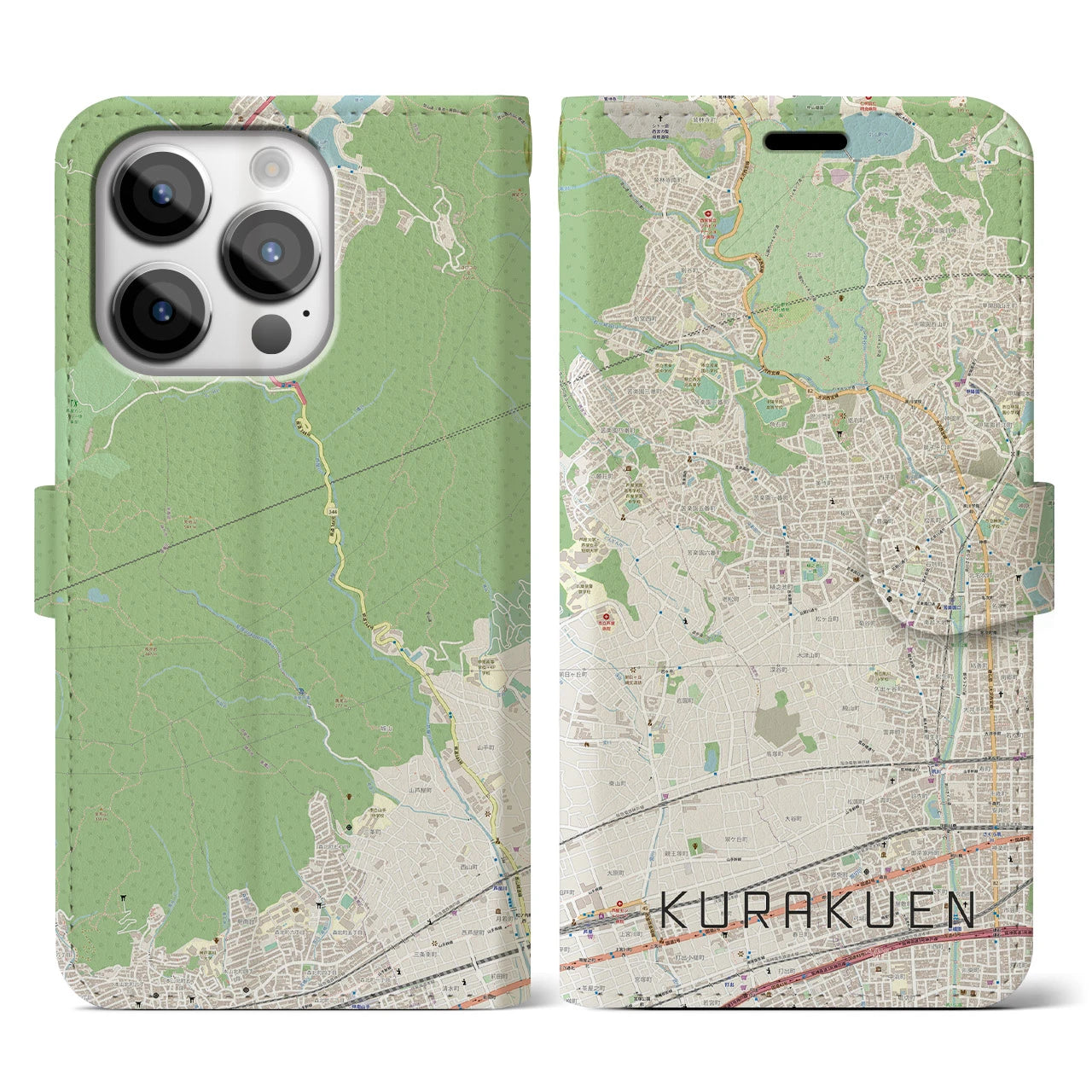 【苦楽園】地図柄iPhoneケース（手帳両面タイプ・ナチュラル）iPhone 14 Pro 用
