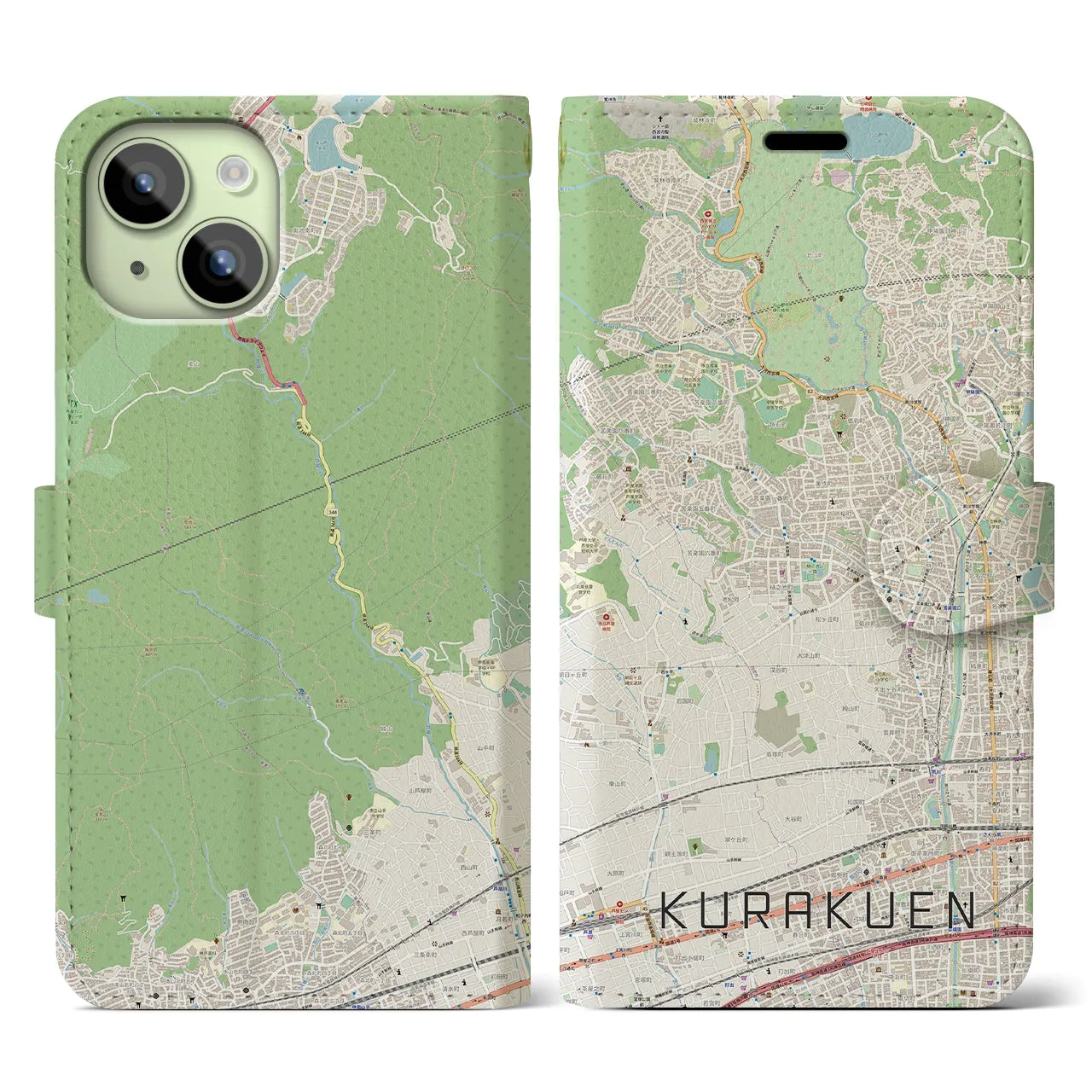 【苦楽園】地図柄iPhoneケース（手帳両面タイプ・ナチュラル）iPhone 15 用