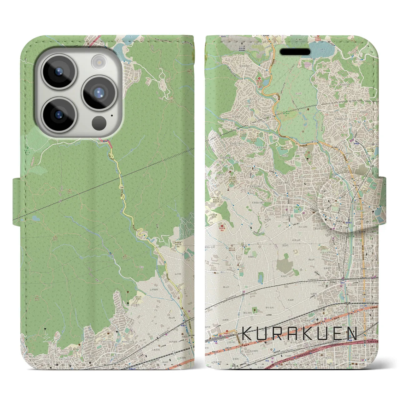 【苦楽園】地図柄iPhoneケース（手帳両面タイプ・ナチュラル）iPhone 15 Pro 用