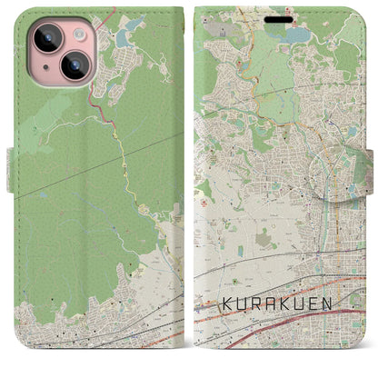 【苦楽園（兵庫県）】地図柄iPhoneケース（手帳タイプ）ナチュラル・iPhone 15 Plus 用