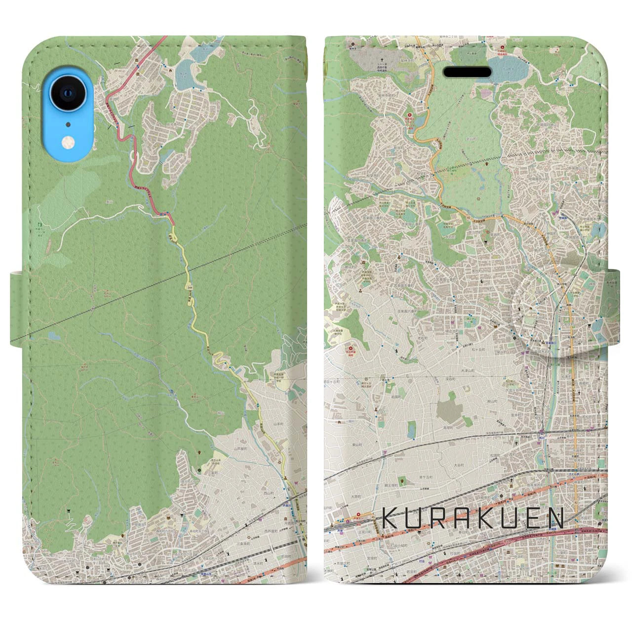 【苦楽園】地図柄iPhoneケース（手帳両面タイプ・ナチュラル）iPhone XR 用