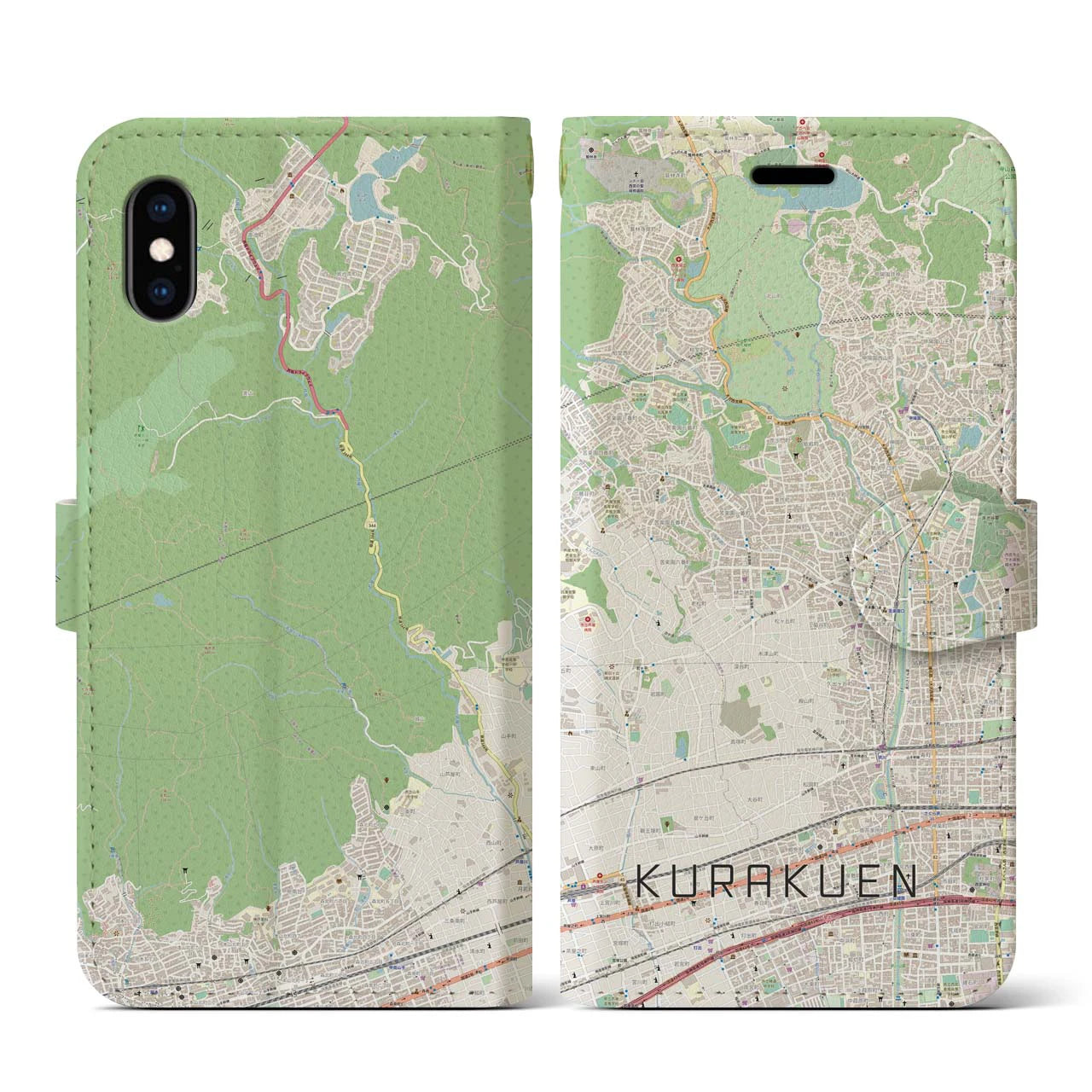 【苦楽園】地図柄iPhoneケース（手帳両面タイプ・ナチュラル）iPhone XS / X 用