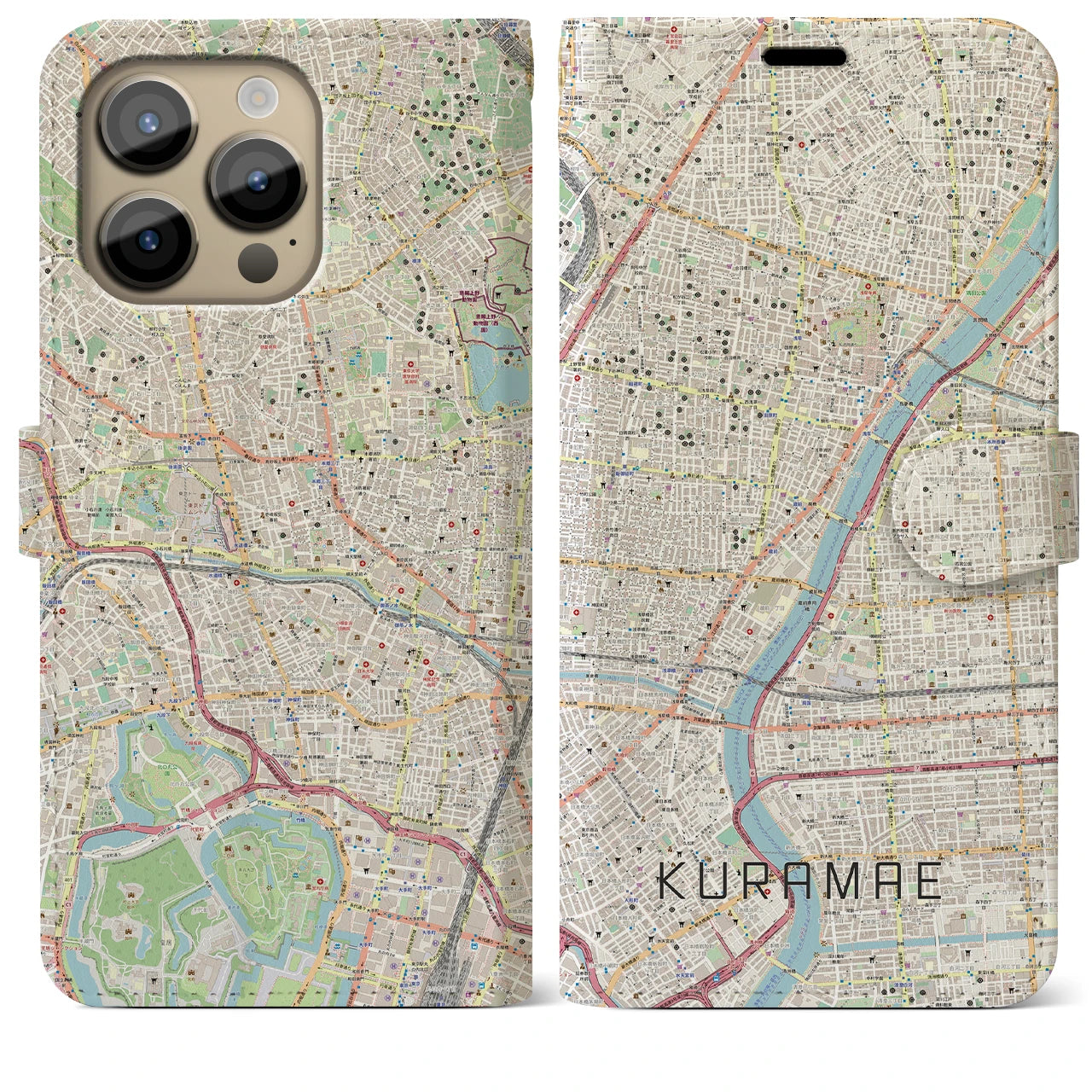【蔵前】地図柄iPhoneケース（手帳両面タイプ・ナチュラル）iPhone 14 Pro Max 用