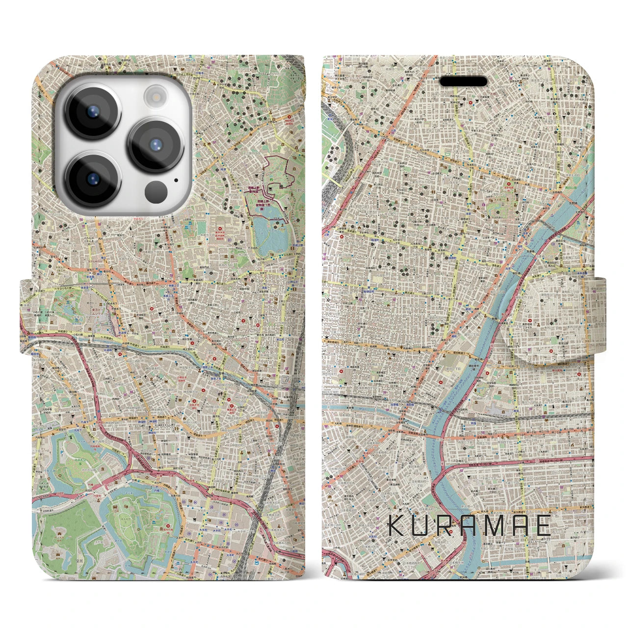 【蔵前】地図柄iPhoneケース（手帳両面タイプ・ナチュラル）iPhone 14 Pro 用
