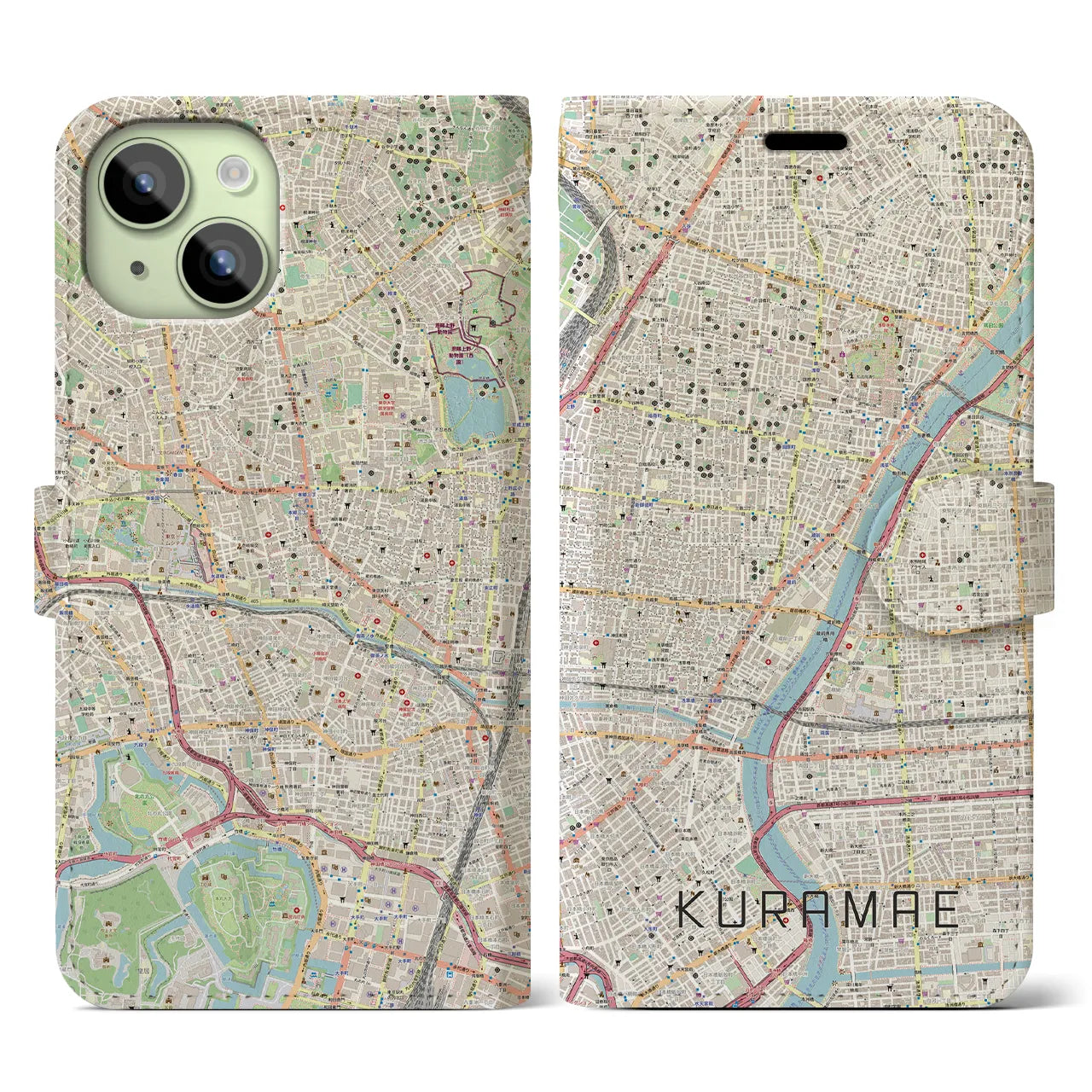 【蔵前】地図柄iPhoneケース（手帳両面タイプ・ナチュラル）iPhone 15 用