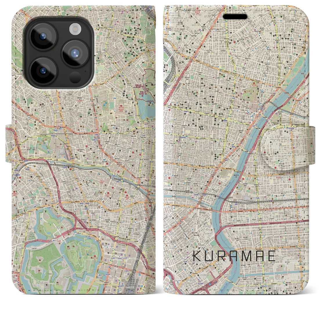 【蔵前】地図柄iPhoneケース（手帳両面タイプ・ナチュラル）iPhone 15 Pro Max 用
