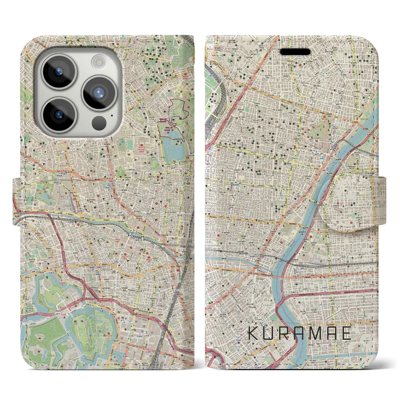 【蔵前】地図柄iPhoneケース（手帳両面タイプ・ナチュラル）iPhone 15 Pro 用