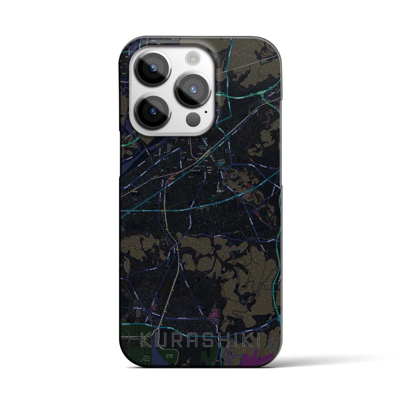 【倉敷】地図柄iPhoneケース（バックカバータイプ・ブラック）iPhone 14 Pro 用