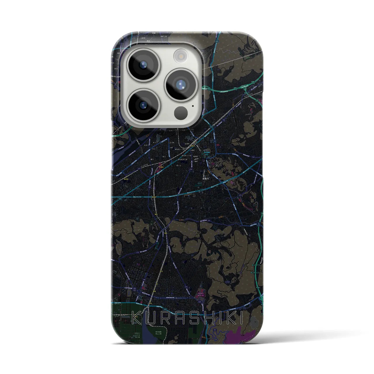 【倉敷】地図柄iPhoneケース（バックカバータイプ・ブラック）iPhone 15 Pro 用