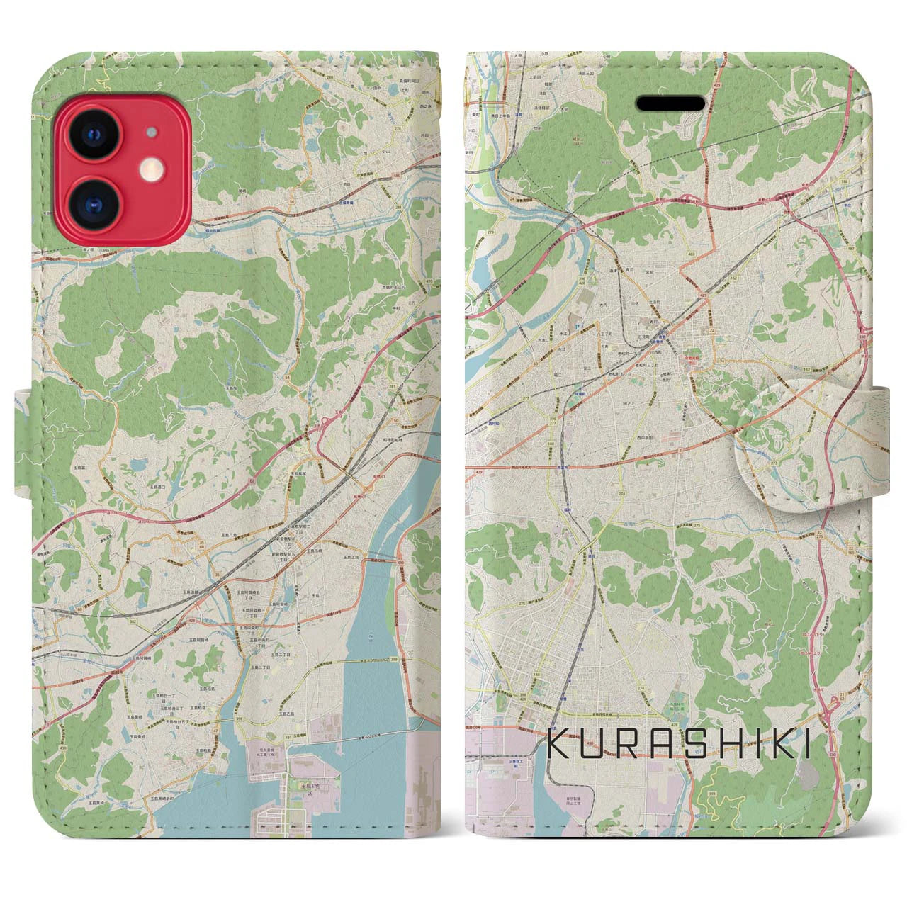 【倉敷】地図柄iPhoneケース（手帳両面タイプ・ナチュラル）iPhone 11 用