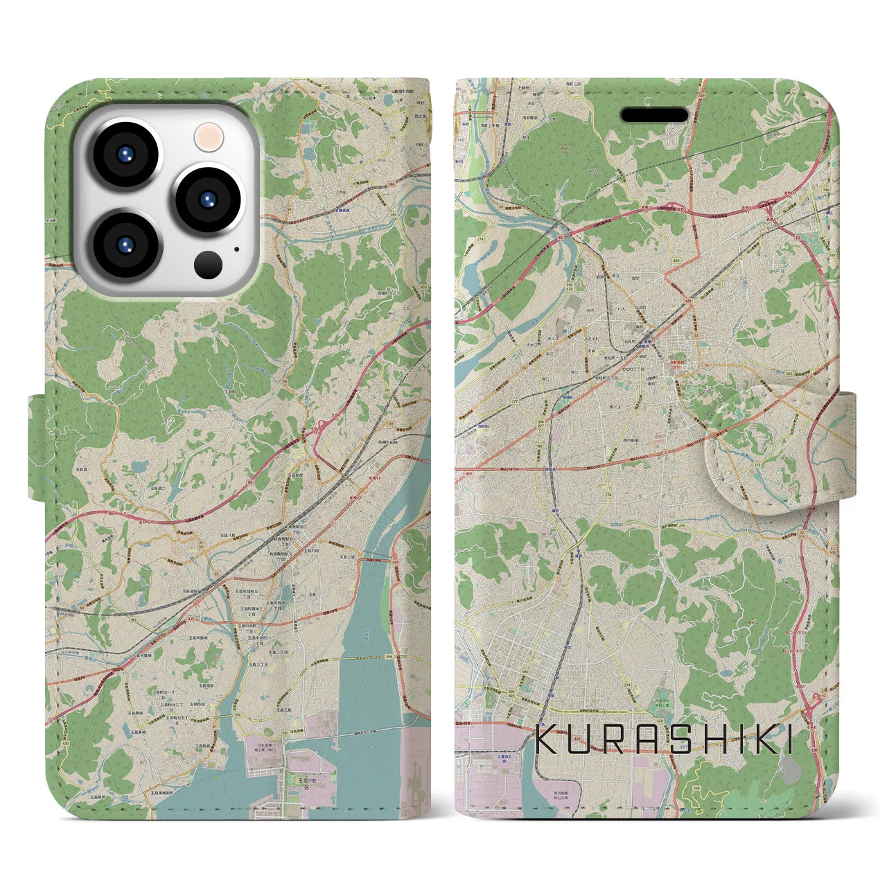【倉敷】地図柄iPhoneケース（手帳両面タイプ・ナチュラル）iPhone 13 Pro 用