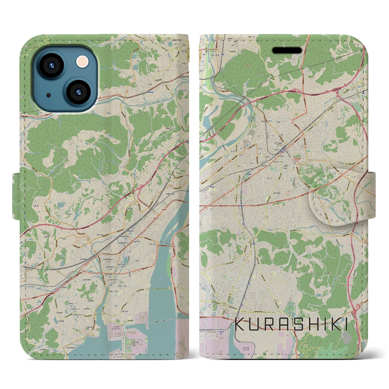 【倉敷】地図柄iPhoneケース（手帳両面タイプ・ナチュラル）iPhone 13 用