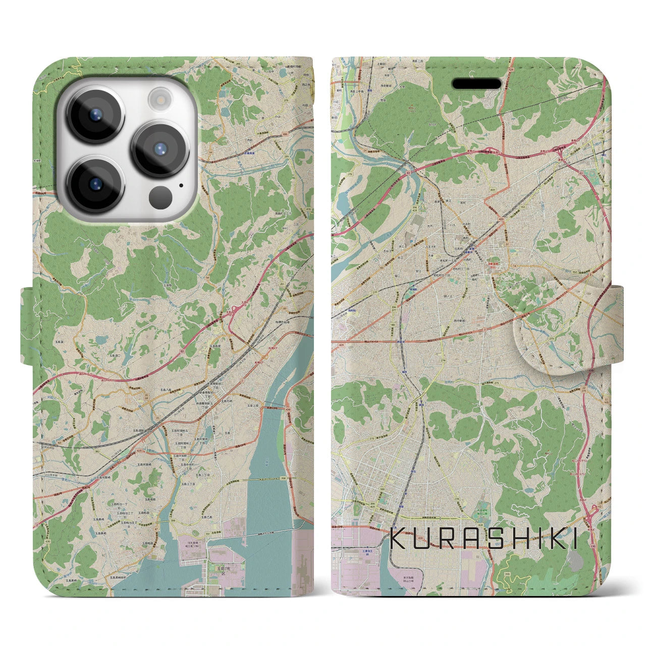 【倉敷】地図柄iPhoneケース（手帳両面タイプ・ナチュラル）iPhone 14 Pro 用