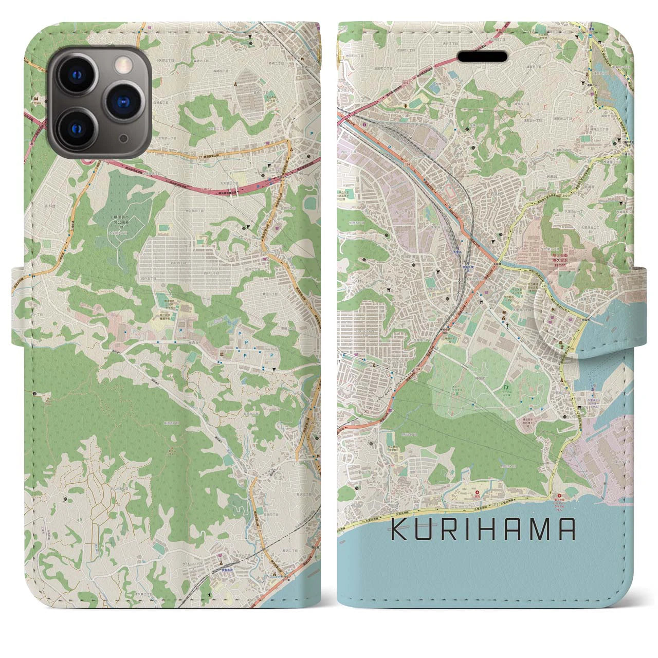 【久里浜】地図柄iPhoneケース（手帳両面タイプ・ナチュラル）iPhone 11 Pro Max 用