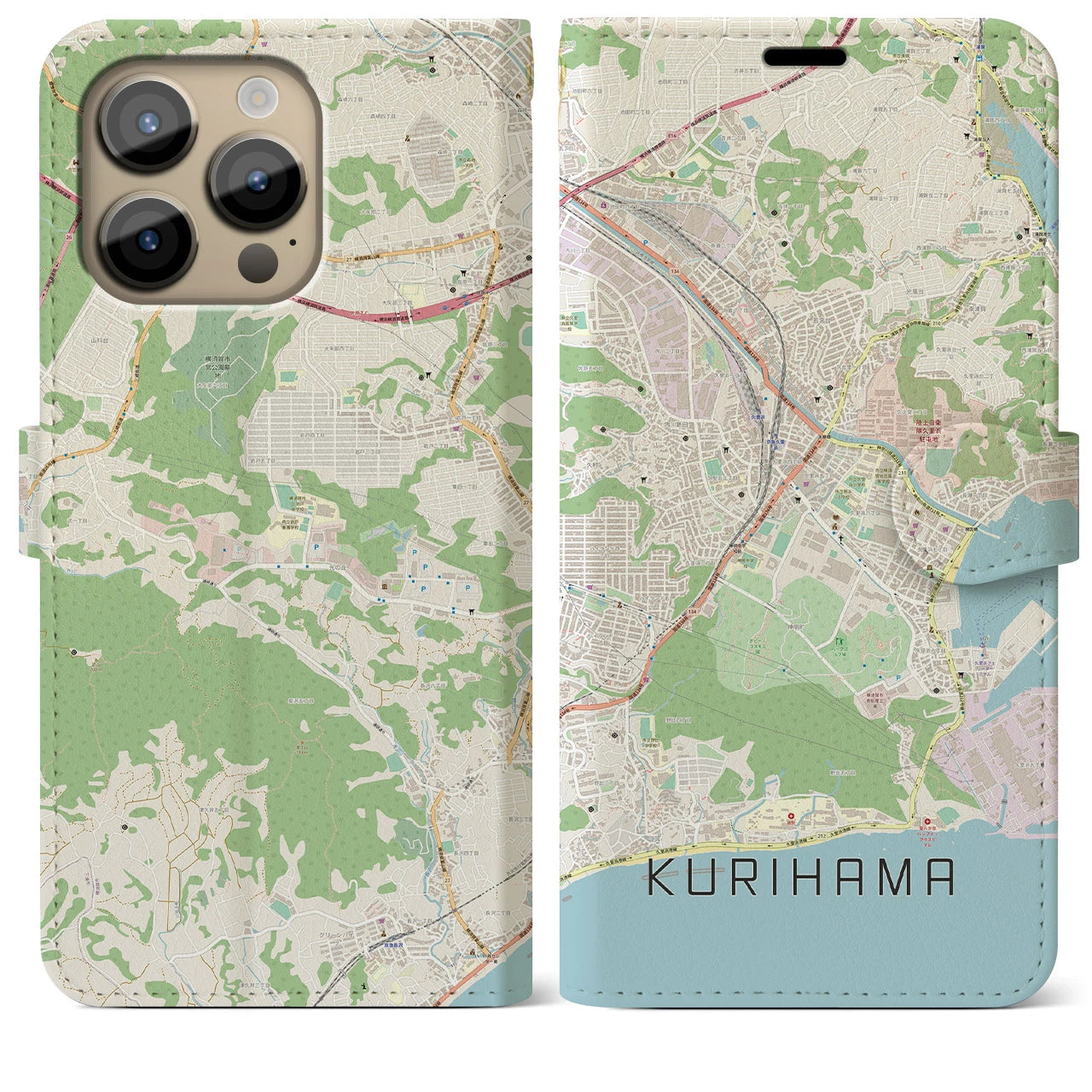 【久里浜】地図柄iPhoneケース（手帳両面タイプ・ナチュラル）iPhone 14 Pro Max 用
