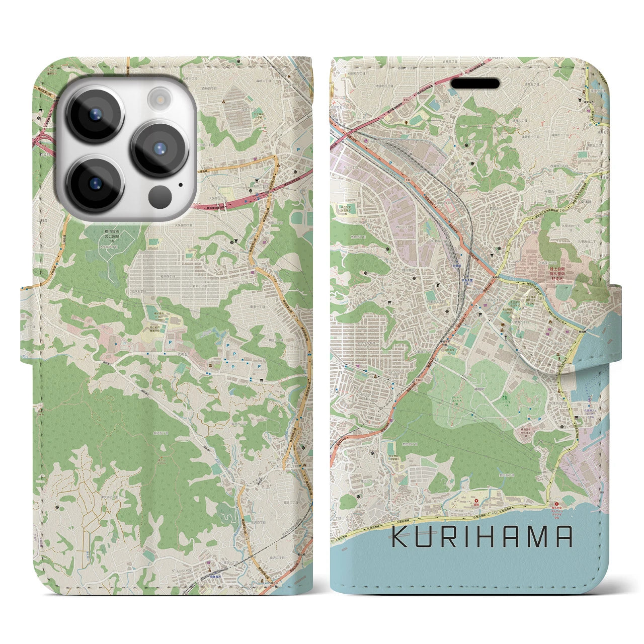【久里浜】地図柄iPhoneケース（手帳両面タイプ・ナチュラル）iPhone 14 Pro 用