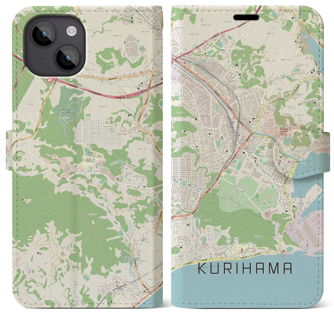 【久里浜】地図柄iPhoneケース（手帳両面タイプ・ナチュラル）iPhone 14 Plus 用