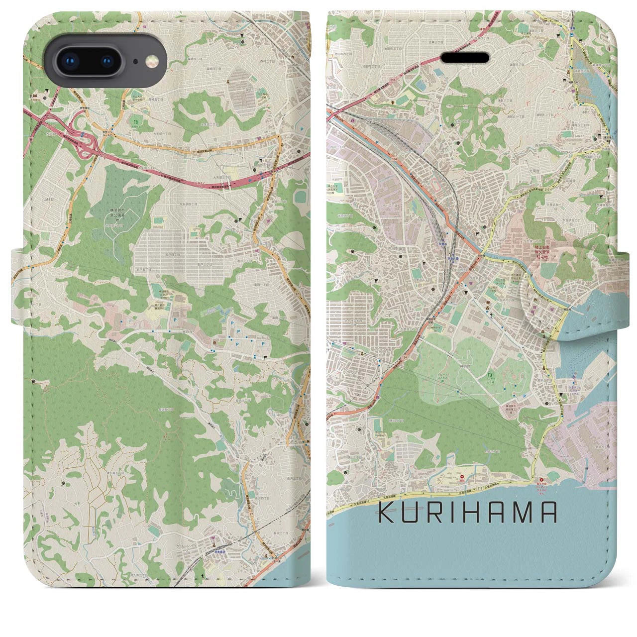 【久里浜】地図柄iPhoneケース（手帳両面タイプ・ナチュラル）iPhone 8Plus /7Plus / 6sPlus / 6Plus 用