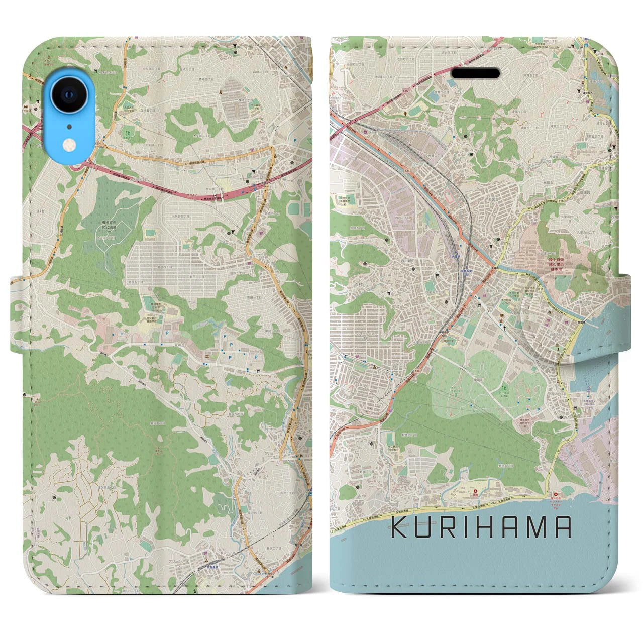 【久里浜】地図柄iPhoneケース（手帳両面タイプ・ナチュラル）iPhone XR 用