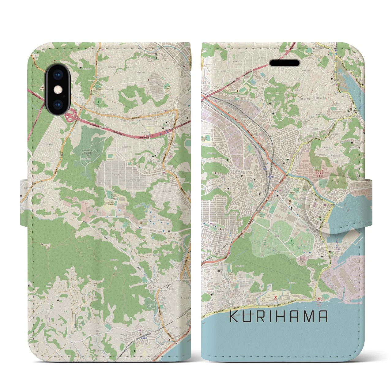 【久里浜】地図柄iPhoneケース（手帳両面タイプ・ナチュラル）iPhone XS / X 用