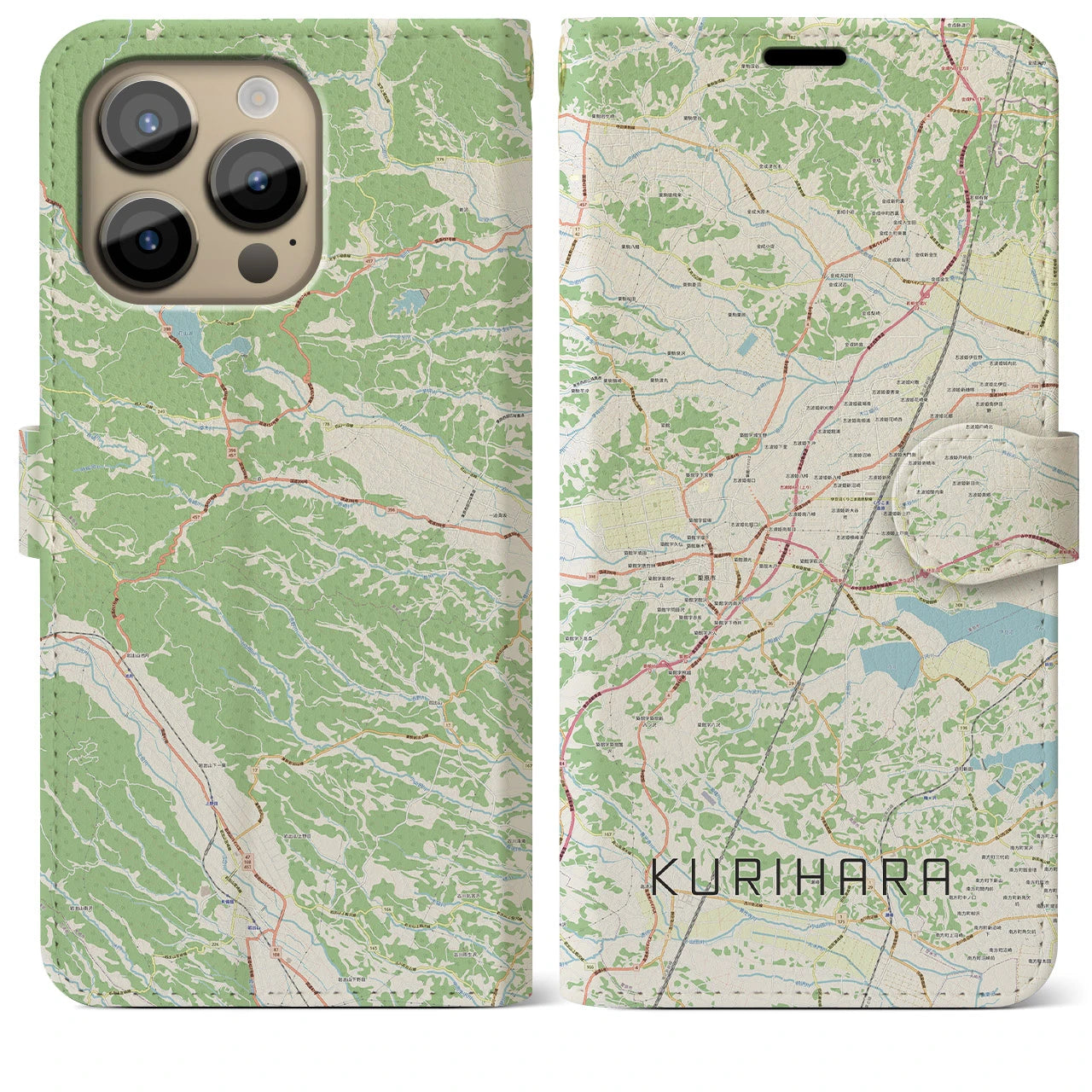 【栗原】地図柄iPhoneケース（手帳両面タイプ・ナチュラル）iPhone 14 Pro Max 用