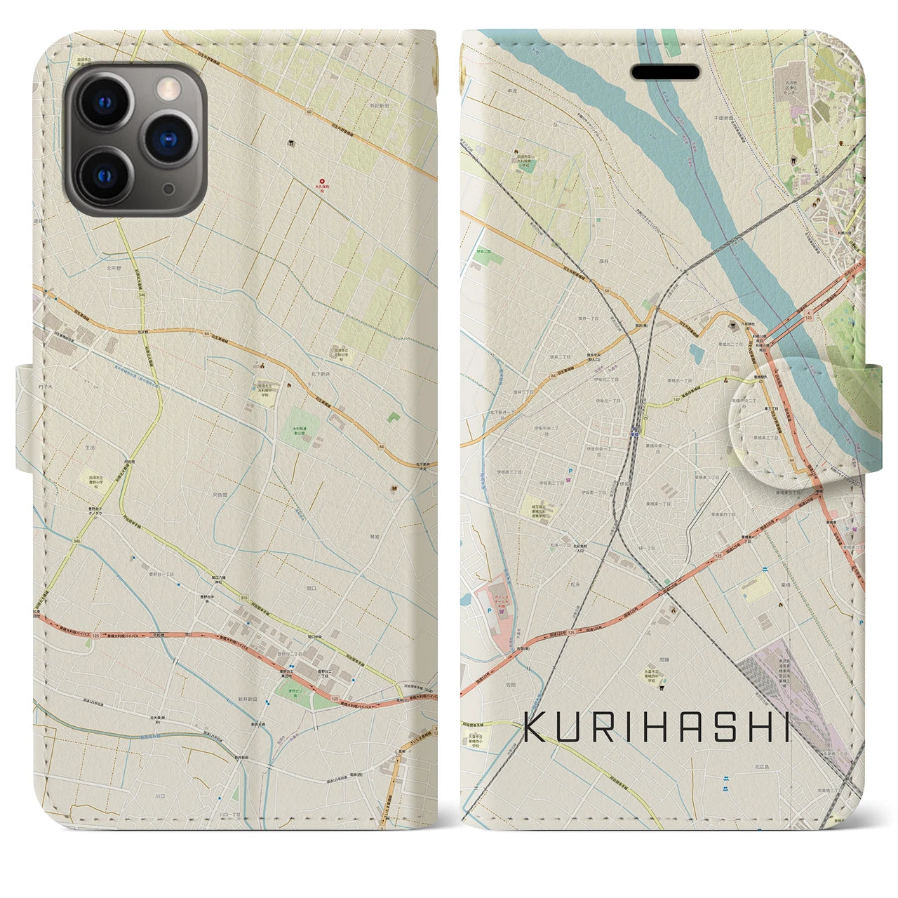 【栗橋】地図柄iPhoneケース（手帳両面タイプ・ナチュラル）iPhone 11 Pro Max 用