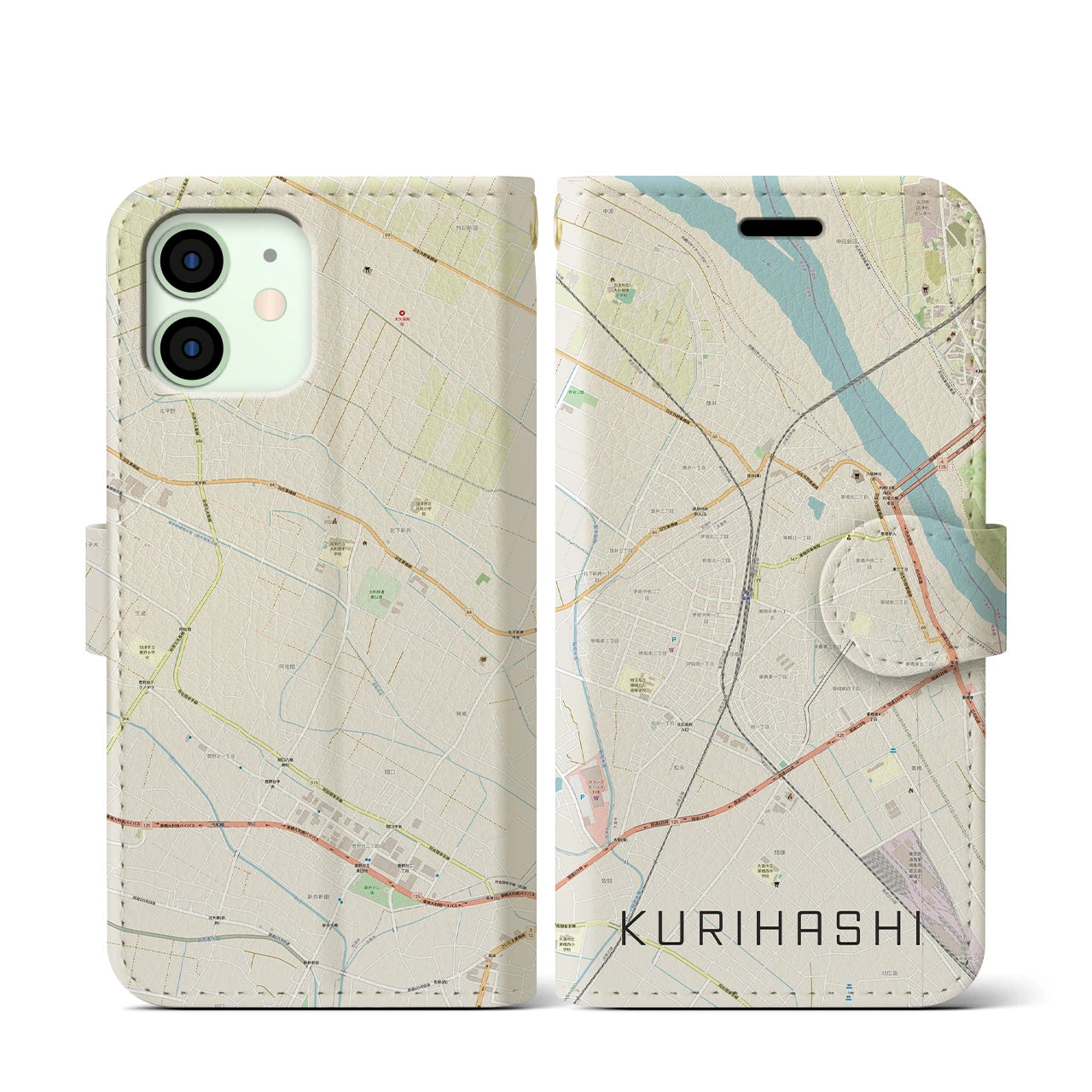 【栗橋】地図柄iPhoneケース（手帳両面タイプ・ナチュラル）iPhone 12 mini 用