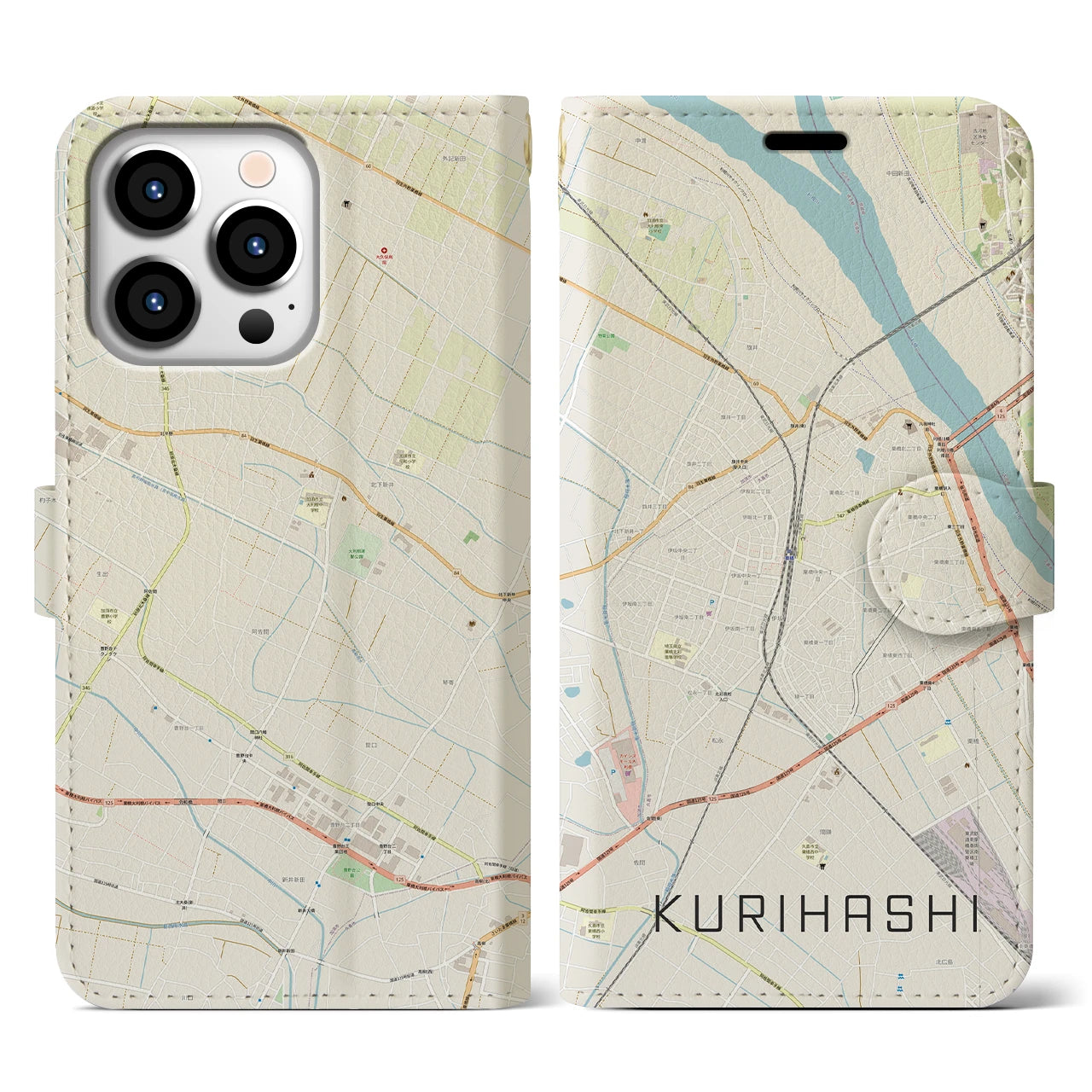 【栗橋】地図柄iPhoneケース（手帳両面タイプ・ナチュラル）iPhone 13 Pro 用