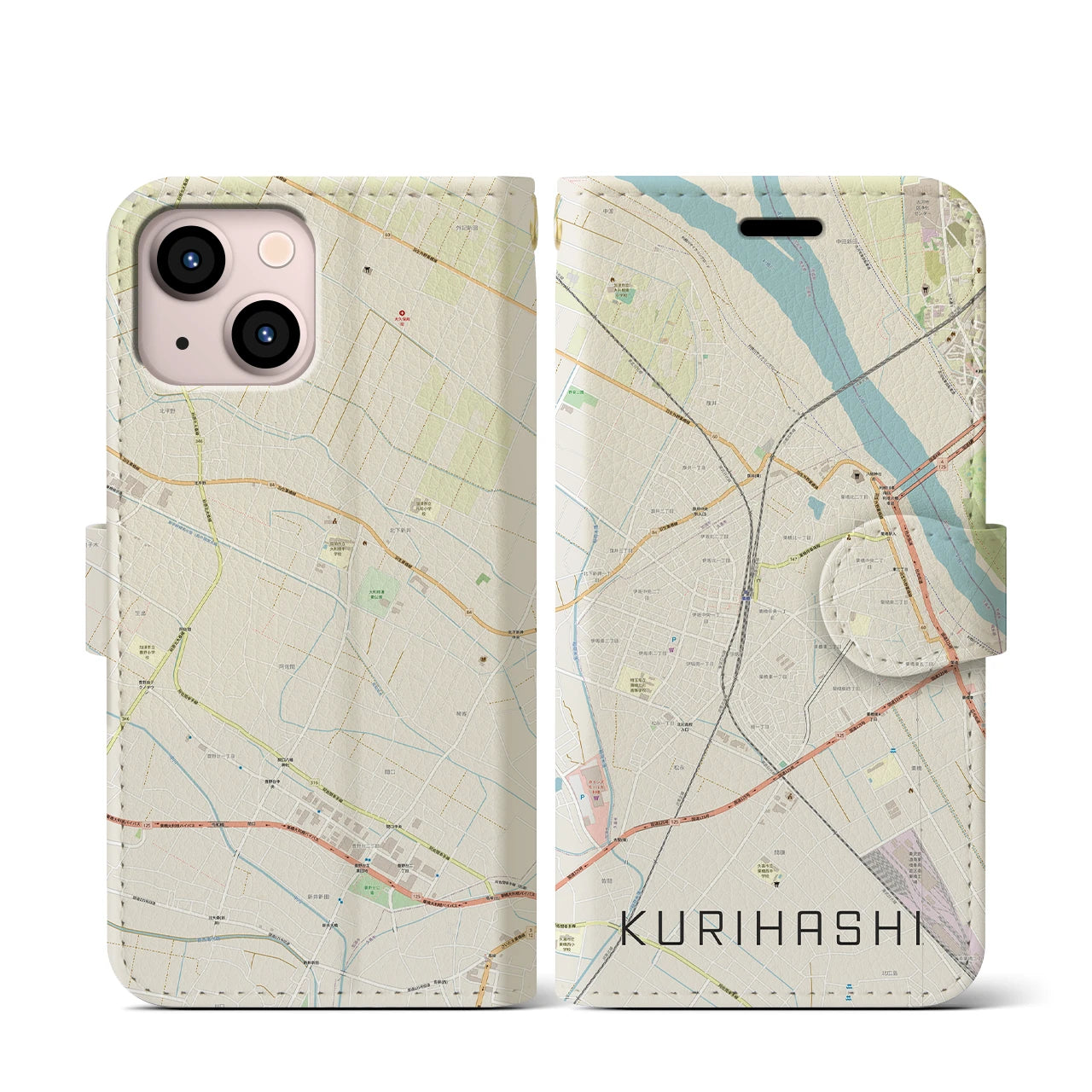 【栗橋】地図柄iPhoneケース（手帳両面タイプ・ナチュラル）iPhone 13 mini 用